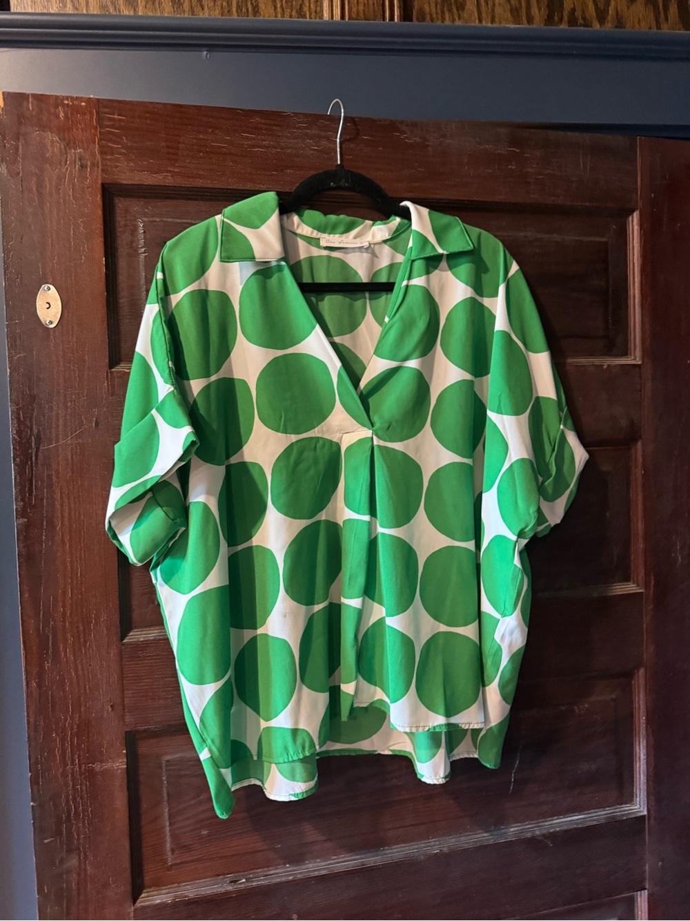 Ces Femme Green and White Polka Dot V-Neck Blouse